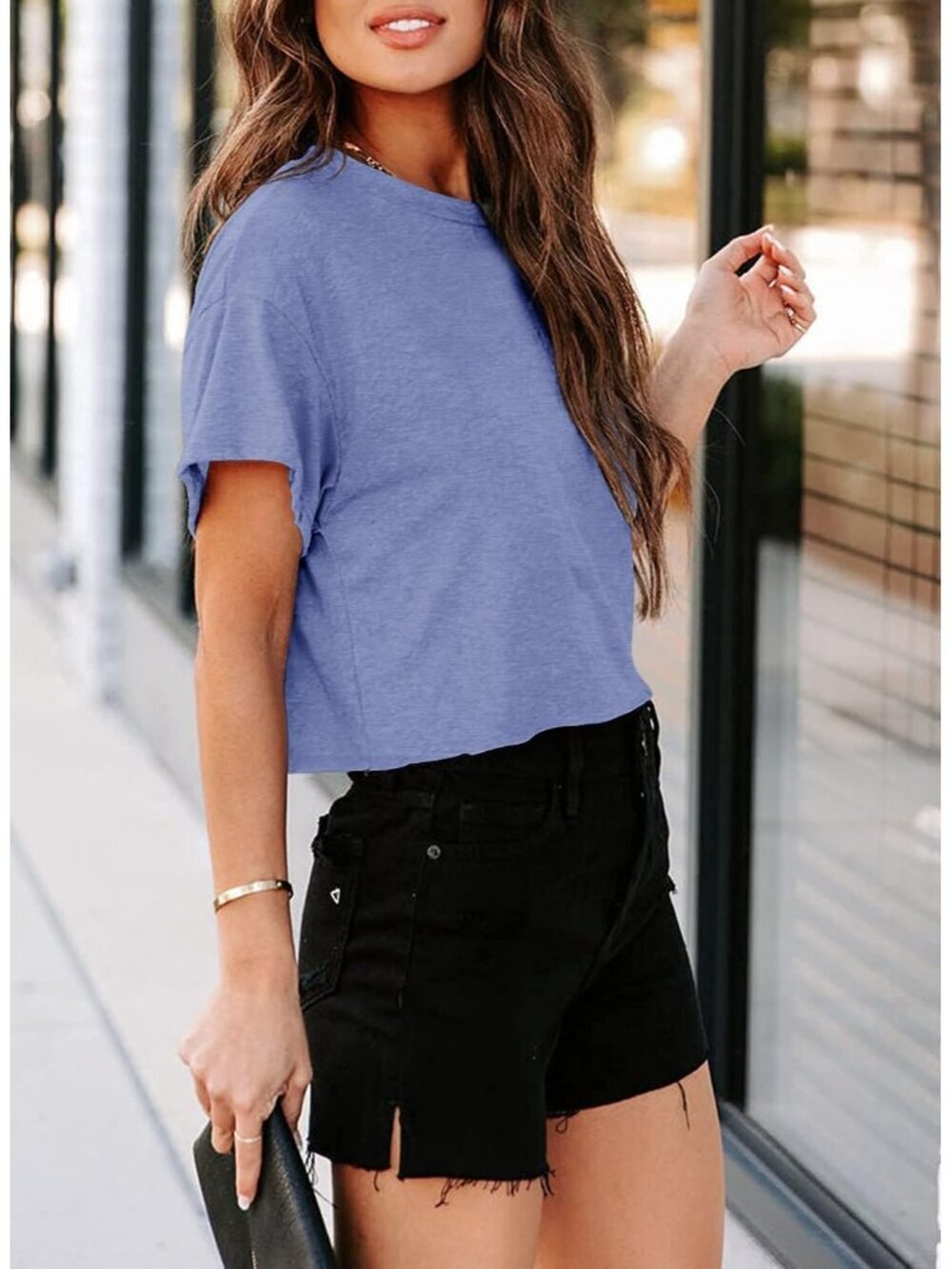 〽️Women's Light Blue Short Sleeve Crew Neck Loose Casual Drop Shoulder Crop Tops